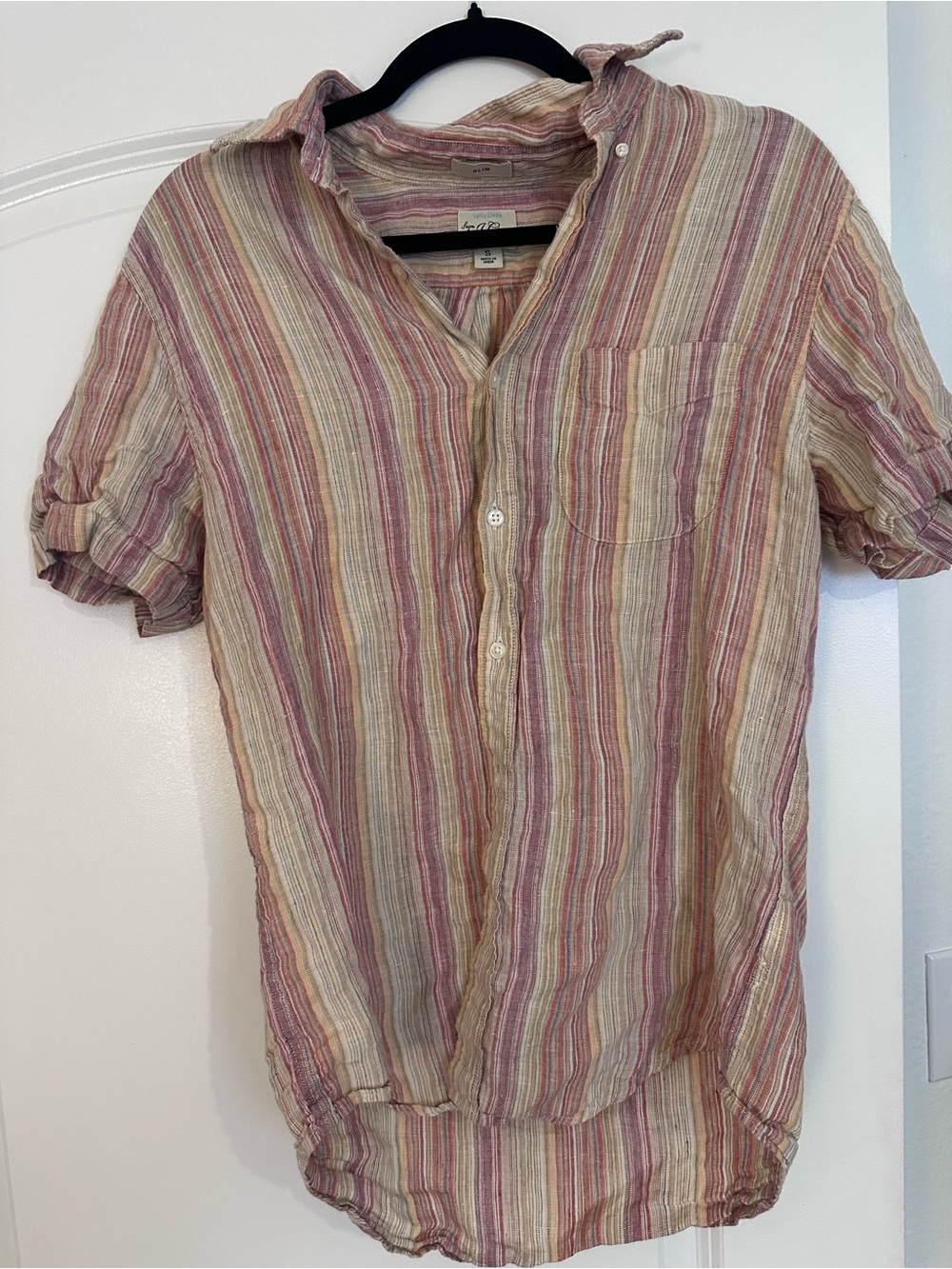 J. Crew Short-Sleeve Button-Down Shirt in Pink and Cream Stripes